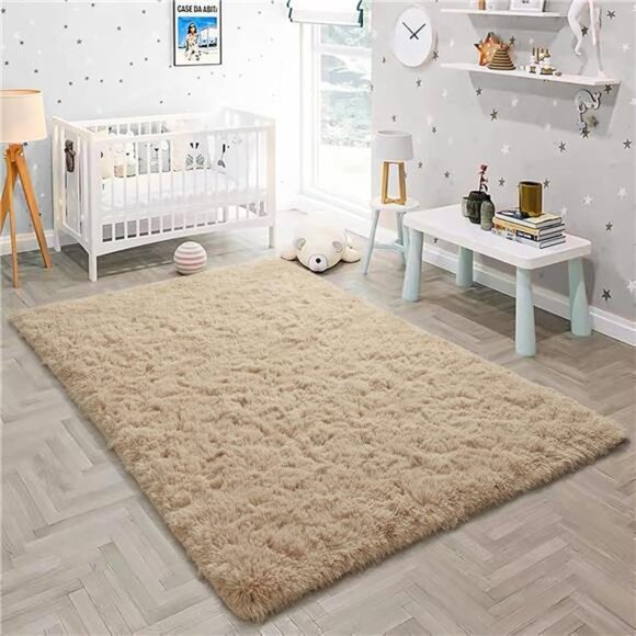 Fluffy Area Rugs, Beige Shag Plush Furry Rugs for Living Room, Bedroom, Fuzzy - Picture 2 of 7